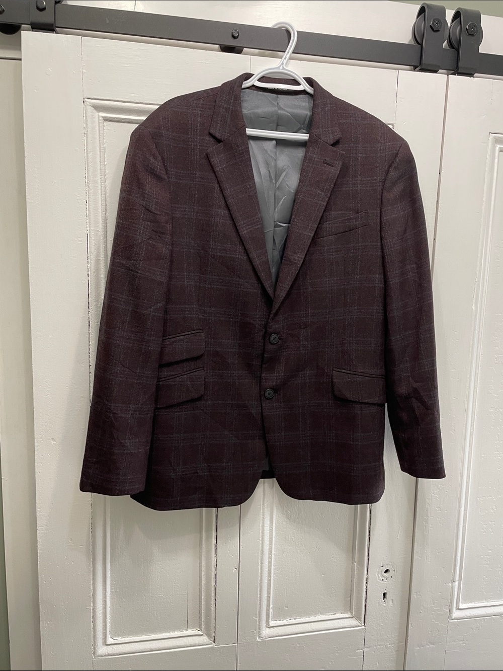 Kenneth Cole Men's Burgundy Gray Plaid Two-Button Blazer Suit Jacket 44R XL